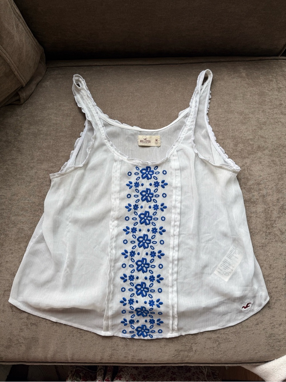Y2K Vintage Hollister White Tank with Blue Floral Embroidery Panel